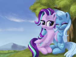 Size: 4000x3000 | Tagged: safe, artist:flusanix, character:starlight glimmer, character:trixie, species:pony, species:unicorn, g4, best friends, duo, duo female, eyes closed, female, friendship, friendshipping, hug, mare, sitting