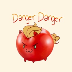 Size: 768x768 | Tagged: safe, artist:sockiepuppetry, character:sprout, g5, my little pony: a new generation, >:3, beige background, cream background, danger danger, food, male, simple background, solo, text, tomato