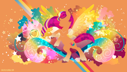 Size: 3840x2160 | Tagged: safe, artist:spacekitty, character:sunny starscout, species:alicorn, species:earth pony, species:pony, g5, license:cc-by-nc-nd, abstract background, alicornified, ethereal horn, ethereal wings, female, mare, orange background, race swap, rearing, silhouette, simple background, solo