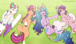 Size: 2300x1348 | Tagged: safe, artist:inuhoshi-to-darkpen, character:izzy moonbow, character:pipp petals, character:sunny starscout, character:zipp storm, species:classical unicorn, species:earth pony, species:pegasus, species:pony, species:unicorn, g5, bracelet, chest fluff, cloven hooves, coat markings, colored eyebrows, colored hooves, colored wings, comfy, ear fluff, eye clipping through hair, eyebrows, eyebrows visible through hair, eyes closed, feathered fetlocks, female, fluffy, folded wings, frog (hoof), gradient hair, grass, grass field, hoof fluff, hooves, jewelry, leg fluff, leonine tail, lying down, mare, multicolored hair, multicolored wings, on back, open mouth, pipp wings, pointing, signature, socks (coat marking), spread wings, sunglasses, tail, underhoof, unshorn fetlocks, wing fluff, wings, yawn