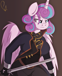 Size: 2474x3000 | Tagged: safe, artist:phyll, derpibooru original, character:princess flurry heart, species:alicorn, species:anthro, g4, breasts, busty princess flurry heart, clothing, crossover, dishonored, emily kaldwin, empress, eyebrows, eyebrows visible through hair, female, frown, horn, mare, narrowed eyes, simple background, solo, sword, video game, warrior flurry heart, weapon, wings