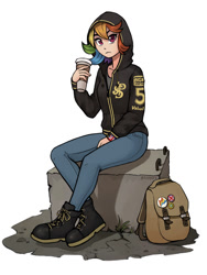 Size: 900x1200 | Tagged: safe, artist:asimos, character:rainbow dash, species:human, g4, bag, beverage, block, boots, clothing, cup, female, hoodie, humanized, pants, shoes, simple background, sitting, solo, species swap, white background
