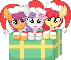 Size: 880x751 | Tagged: safe, artist:cyanlightning, character:apple bloom, character:scootaloo, character:sweetie belle, species:earth pony, species:pegasus, species:pony, species:unicorn, g4, .svg available, :p, apple family member, blep, box, christmas, clothing, costume, cutie mark crusaders, digital art, ear fluff, female, filly, foal, grin, hat, holiday, lidded eyes, lip bite, looking at you, open mouth, open smile, pony in a box, present, santa costume, santa hat, simple background, smiling, smiling at you, tongue out, transparent background, trio, trio female, vector, young
