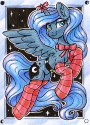 Size: 1473x2054 | Tagged: safe, artist:dandy, character:princess luna, species:alicorn, species:pony, g4, belt, bow, clothing, colored pencil drawing, complex background, cutie mark, ear fluff, female, horn, looking at you, mare, s1 luna, smiling, socks, solo, stockings, striped socks, striped stockings, tail, thigh highs, traditional art, wings