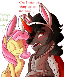 Size: 1000x1200 | Tagged: safe, artist:evehly, character:fluttershy, character:king sombra, species:pegasus, species:pony, species:umbrum, species:unicorn, g4, annoyed, blushing, bunny ears, chest fluff, cute, dialogue, easter, eyes closed, female, holiday, male, mare, open mouth, shipping, smiling, sombrashy, stallion, straight, text