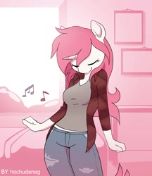 Size: 1124x1299 | Tagged: safe, artist:hochudeneg, oc, oc only, species:anthro, species:unicorn, clothing, cute, dancing, eyes closed, female, jeans, mare, music notes, ocbetes, pants, pink mane, shirt, signature, solo, t-shirt