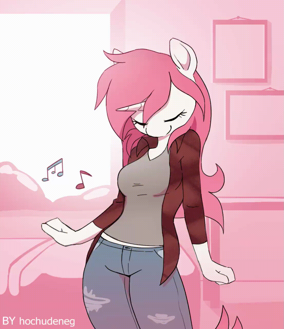 Size: 1106x1280 | Tagged: safe, artist:hochudeneg, oc, oc only, species:anthro, species:pony, species:unicorn, animated, clothing, commission, cute, dancing, desk, eyes closed, female, gif, horn, jeans, long hair, mare, music notes, ocbetes, pants, pink mane, shirt, signature, smiling, solo, t-shirt, tail