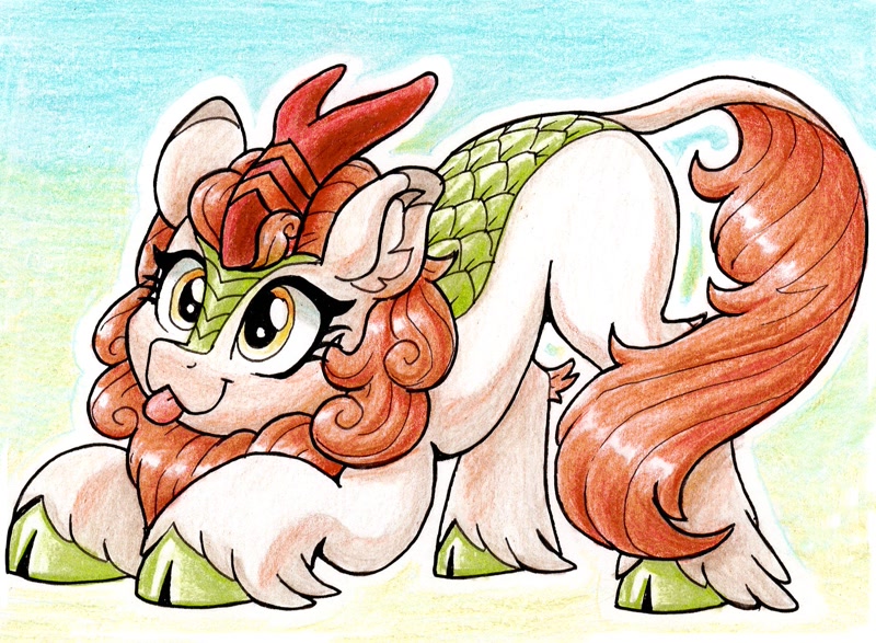 Size: 2075x1522 | Tagged: safe, artist:dandy, character:autumn blaze, species:kirin, g4, awwtumn blaze, blep, cloven hooves, colored pencil drawing, cute, ear fluff, face down ass up, featured image, female, gradient background, hooves, horn, leonine tail, simple background, solo, tail, tongue out, traditional art