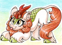 Size: 2075x1522 | Tagged: safe, artist:dandy, manebooru spotlight, character:autumn blaze, species:kirin, g4, awwtumn blaze, blep, cloven hooves, colored pencil drawing, cute, ear fluff, face down ass up, female, gradient background, hooves, horn, leonine tail, simple background, solo, tail, tongue out, traditional art
