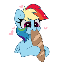 Size: 2676x2760 | Tagged: safe, artist:kittyrosie, character:rainbow dash, species:pegasus, species:pony, g4, baguette, blushing, bread, cute, dashabetes, eating, female, food, heart, hoof hold, mare, nom, signature, simple background, solo, weapons-grade cute, white background, wings