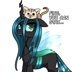 Size: 2000x2000 | Tagged: safe, artist:plaguemare, character:queen chrysalis, species:changeling, g4, cat, changeling queen, dialogue, drawthread, female, high res, horn, request, simple background, spread wings, white background, wings
