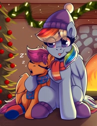 Size: 1750x2250 | Tagged: safe, artist:shadowreindeer, character:rainbow dash, character:scootaloo, species:pegasus, species:pony, g4, christmas, christmas tree, clothing, duo, duo female, eye clipping through hair, eyes closed, female, filly, fire, fireplace, foal, happy new year, holiday, mare, new year, onomatopoeia, open mouth, scarf, sitting, sleeping, sound effects, tongue out, tree, young, zzz