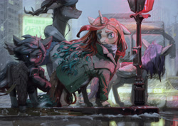 Size: 4465x3157 | Tagged: safe, artist:quiet-victories, oc, oc only, species:earth pony, species:pegasus, species:pony, species:unicorn, braid, building, bus, car, cellphone, city, clothing, coat, earbuds, high res, horn, horns, jacket, lamppost, neon, neon sign, phone, rain, sign, smartphone, street, traffic light, wind, wings
