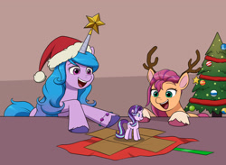 Size: 1500x1100 | Tagged: safe, artist:mew-me, manebooru spotlight, character:izzy moonbow, character:starlight glimmer, character:sunny starscout, species:earth pony, species:pony, species:unicorn, g4, g5, my little pony: a new generation, bracelet, christmas, coat markings, colored hooves, cute, female, figurine, gradient hair, holiday, hooves, izzy impaling things, izzybetes, jewelry, mare, multicolored hair, open mouth, open smile, smiling, socks (coat marking), sunnybetes, unshorn fetlocks