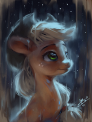 Size: 907x1200 | Tagged: safe, artist:assasinmonkey, character:applejack, species:earth pony, species:pony, g4, clothing, cowboy hat, digital art, digital painting, eyebrows, female, hat, mare, rain, signature, solo, stetson, technically advanced