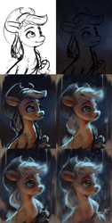 Size: 1450x2880 | Tagged: safe, artist:assasinmonkey, character:applejack, species:earth pony, species:pony, g4, clothing, cowboy hat, digital art, digital painting, eyebrows, female, hat, mare, rain, signature, sketch, solo, stetson, technically advanced, wip