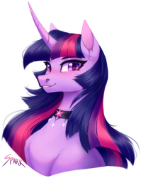 Size: 1192x1500 | Tagged: safe, artist:spark_rarestar, character:twilight sparkle, character:twilight sparkle (unicorn), species:pony, species:unicorn, g4, bust, chest fluff, choker, curved horn, cute, cutie mark accessory, ear fluff, female, horn, jewelry, leg fluff, mare, necklace, simple background, smiling, solo, transparent background, twiabetes