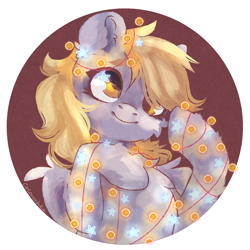 Size: 4000x4000 | Tagged: safe, artist:colorochka, character:derpy hooves, species:pegasus, species:pony, g4, absurd resolution, bondage, bust, cheek fluff, chest fluff, christmas, christmas lights, cute, derpabetes, ear fluff, female, fluffy, holiday, leg fluff, lights, mare, portrait, raised hoof, signature, smiling, solo, tangled up, three quarter view, wings