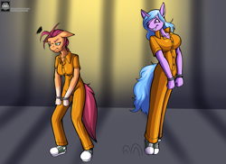 Size: 1925x1400 | Tagged: safe, artist:fours, artist:fourssss, character:izzy moonbow, character:sunny starscout, species:anthro, species:earth pony, species:plantigrade anthro, species:unicorn, g5, my little pony: a new generation, bondage, breasts, busty izzy moonbow, clothing, converse, cuffs, female, gradient hair, indoors, jail, jumping, mare, multicolored hair, prison, prison outfit, prisoner, shoes, sneakers, sunny starscout is not amused, varying degrees of want
