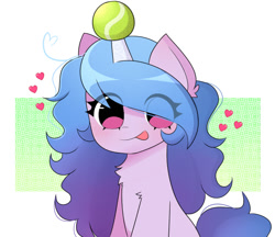 Size: 758x656 | Tagged: safe, artist:franshushu, character:izzy moonbow, species:pony, species:unicorn, g5, my little pony: a new generation, abstract background, ball, blep, blushing, chest fluff, childproof horn, commission, cute, ear fluff, eye clipping through hair, female, floating heart, gradient hair, heart, horn, hornball, izzy's tennis ball, izzybetes, looking at you, mare, multicolored hair, simple background, solo, tennis ball, tongue out, toy