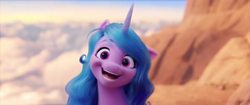 Size: 1302x545 | Tagged: safe, screencap, character:izzy moonbow, species:pony, species:unicorn, g5, my little pony: a new generation, :d, cute, female, gradient hair, izzybetes, looking at you, mare, multicolored hair, open mouth, open smile, smiling, solo