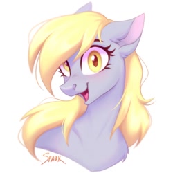 Size: 1280x1280 | Tagged: safe, artist:spark_rarestar, character:derpy hooves, species:pony, g4, bust, chest fluff, cute, derpabetes, ear fluff, female, looking at you, mare, open mouth, open smile, portrait, simple background, smiling, solo, white background