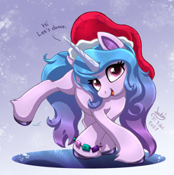 Size: 1200x1210 | Tagged: safe, artist:joakaha, character:izzy moonbow, species:pony, species:unicorn, g5, my little pony: a new generation, abstract background, bracelet, christmas, clothing, colored hooves, cute, dialogue, female, gradient background, gradient hair, hat, holiday, hooves, izzybetes, jewelry, looking at you, mare, multicolored hair, open mouth, open smile, raised leg, santa hat, signature, simple background, smiling, smiling at you, solo, text, three quarter view, unshorn fetlocks