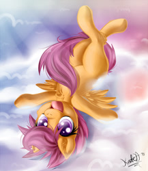 Size: 955x1100 | Tagged: safe, artist:knifeh, character:scootaloo, species:pony, g4, chest fluff, cloud, cloudy, cute, cutealoo, ear fluff, female, filly, fluffy, leg fluff, looking at you, lying down, on back, open mouth, signature, solo, spread wings, wings, young