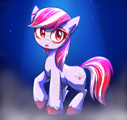 Size: 2350x2211 | Tagged: safe, artist:ketereissm, character:sugar moonlight, species:earth pony, species:pony, g5, blue background, colored eyebrows, colored hooves, eyebrows, female, fog, hooves, looking at you, mare, open mouth, raised hoof, simple background, solo, unshorn fetlocks