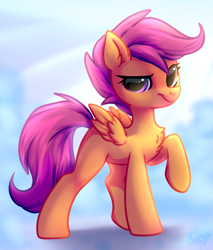 Size: 2303x2707 | Tagged: safe, artist:megabait, character:scootaloo, species:pegasus, species:pony, g4, blank flank, chest fluff, cloud, female, filly, raised hoof, simple background, sky, solo, spread wings, three quarter view, wings, young