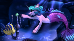 Size: 3840x2160 | Tagged: safe, artist:faline-art, character:izzy moonbow, species:pony, species:sea pony, species:seapony (g4), species:unicorn, g5, 8 ball, ball, bracelet, bubble, clock, cloven hooves, colored hooves, crepuscular rays, crossover, dorsal fin, ear fluff, eye clipping through hair, eyebrows, eyebrows visible through hair, female, fins, fish, fish tail, flounder, gradient hair, hooves, horn, izzy's tennis ball, jewelry, mare, mermaid, mermaid tail, mermaidized, mermay, merpony, multicolored hair, ocean, open mouth, open smile, profile, purple eyes, seaponified, smiling, solo, species swap, swimming, tail, tennis ball, that pony sure does love tennis balls, the little mermaid, toy, underwater, unshorn fetlocks, water