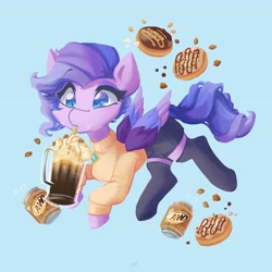 Size: 4096x4096 | Tagged: safe, artist:saxopi, character:queen haven, species:pegasus, species:pony, g5, my little pony: a new generation, a&w, absurd resolution, adorahaven, blue background, clothing, colored wings, cute, donut, drink, drinking, drinking straw, eyebrows, eyebrows visible through hair, female, food, mare, mug, multicolored hair, multicolored wings, root beer, shorts, simple background, socks, solo, stockings, sweater, thigh highs, wings