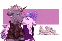 Size: 4096x2731 | Tagged: safe, artist:floralovemj, character:alphabittle blossomforth, character:izzy moonbow, character:pipp petals, character:queen haven, character:zipp storm, species:earth pony, species:pegasus, species:pony, species:unicorn, ship:alphahaven, g5, my little pony: a new generation, clothing, colored eyebrows, eyebrows, female, floppy ears, gradient hair, hug, jacket, leather jacket, male, mare, multicolored hair, profile, shipping, simple background, spread wings, stallion, straight, winghug, wings