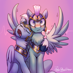 Size: 3000x3000 | Tagged: safe, artist:jedayskayvoker, manebooru spotlight, character:thunder, character:zoom zephyrwing, species:pegasus, species:pony, g5, my little pony: a new generation, armor, armored pony, blushing, chest fluff, colored hooves, confused, fluffy, g5 guards, gay, guard, guardian, half r63 shipping, high res, hooves, male, open mouth, pink background, rule 63, shaking, shipping, signature, simple background, sketch, sleeping, spread wings, thunder, unshorn fetlocks, wingboner, wings, zoom