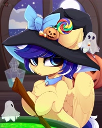 Size: 3277x4096 | Tagged: safe, artist:xsatanielx, oc, oc only, species:pegasus, species:pony, bow, cauldron, clothing, explicit source, female, halloween, hat, holiday, jack-o-lantern, mare, pumpkin, solo, wings, witch hat, ych result