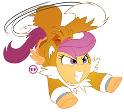 Size: 1000x904 | Tagged: safe, artist:nanook123, character:scootaloo, species:pegasus, species:pony, g4, clothing, cosplay, costume, crossover, cute, cutealoo, female, filly, flying, grin, kigurumi, miles "tails" prower, motion lines, onesie, scootaloo can fly, simple background, smiling, solo, sonic the hedgehog (series), video game, white background, young