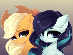 Size: 4096x3121 | Tagged: safe, artist:xsatanielx, character:applejack, character:coloratura, species:earth pony, species:pony, g4, applejack's hat, bust, clothing, cowboy hat, cute, duo, duo female, ear fluff, explicit source, female, females only, freckles, hat, jackabetes, looking at you, looking sideways, looking sideways at you, mare, rarabetes, request, requested art, simple background, smiling, stetson