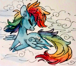 Size: 414x363 | Tagged: dead source, safe, artist:nekobite, character:rainbow dash, species:pegasus, species:pony, g4, eyes closed, female, flying, painting, profile, solo, traditional art, unshorn fetlocks, watercolor painting