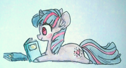 Size: 457x248 | Tagged: dead source, safe, artist:nekobite, character:twilight sparkle, species:pony, species:unicorn, g4, book, colored hooves, female, filly, hooves, lying down, no pupils, painting, profile, prone, reading, smiling, solo, traditional art, unshorn fetlocks, watercolor painting, young