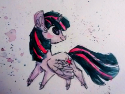 Size: 500x378 | Tagged: dead source, safe, artist:nekobite, character:twilight sparkle, character:twilight sparkle (alicorn), species:alicorn, species:pony, g4, abstract background, female, mare, no pupils, painting, profile, solo, traditional art, unshorn fetlocks, watercolor painting, wings