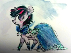 Size: 500x371 | Tagged: dead source, safe, artist:nekobite, character:twilight sparkle, character:twilight sparkle (alicorn), species:alicorn, species:pony, g4, abstract background, clothing, dress, female, gala dress, hoof shoes, looking at you, mare, no pupils, profile, shoes, solo, traditional art