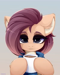 Size: 3277x4096 | Tagged: safe, artist:xsatanielx, oc, oc only, species:pony, bust, coffee, coffee mug, drink, ear fluff, explicit source, female, gift art, gradient background, hoof hold, looking at you, mare, mug, portrait, simple background, smiling, solo