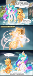 Size: 1220x2754 | Tagged: safe, artist:dstears, character:applejack, character:princess celestia, species:alicorn, species:earth pony, species:pony, species:unicorn, g4, clothing, comic, crown, dialogue, female, hoof shoes, jewelry, mare, necklace, peytral, princess celestia's special princess making dimension, race swap, regalia, shoes, speech bubble, text, trollestia, unicorn applejack