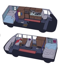 Size: 1457x1592 | Tagged: safe, artist:apocheck13, backpack, bed, couch, cutaway, motorhome, no pony, pillow, rv, simple background, sink, table, trixie's wagon, white background