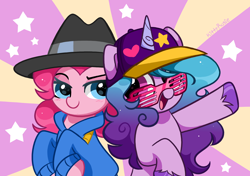 Size: 3922x2758 | Tagged: safe, artist:kittyrosie, character:izzy moonbow, character:pinkie pie, species:earth pony, species:pony, species:unicorn, g4, g5, my little pony: a new generation, abstract background, baseball cap, blushing, cap, clothing, colored hooves, cute, diapinkes, eyebrows, female, gradient hair, hat, hoodie, hooves, hooves to the chest, izzybetes, looking at each other, looking at someone, mare, multicolored hair, open mouth, open smile, raised hoof, shutter shades, simple background, smiling, smirk, stars, unshorn fetlocks