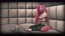 Size: 9600x5400 | Tagged: safe, artist:imafutureguitarhero, character:pinkamena diane pie, character:pinkie pie, species:anthro, species:earth pony, species:unguligrade anthro, g4, 3d, absurd file size, absurd resolution, asylum, big ears, black bars, blurry, bondage, cargo pants, cheek fluff, chromatic aberration, clothing, colored eyebrows, colored eyelashes, cup, cupcake, cute little fangs, detailed hair, dirty lens, ear fluff, fangs, female, film grain, floppy ears, fluffy, food, frown, fur, hoof fluff, hooves, implied insanity, isolation, leg wraps, lidded eyes, long hair, long mane, mare, messy hair, messy mane, messy tail, neck fluff, nose fluff, nose wrinkle, padded cell, paintover, pants, paper cup, restrained, revamped anthros, revamped ponies, sad, sharp teeth, signature, sitting, sitting on floor, solo, source filmmaker, straight hair, straitjacket, tail, teeth, tray, vignette, wall of tags