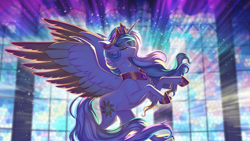 Size: 2500x1406 | Tagged: safe, artist:redchetgreen, artist:taneysha, character:princess celestia, species:alicorn, species:pony, g4, clothing, collaboration, colored wings, crown, eyebrows, eyebrows visible through hair, eyes closed, female, hoof fluff, hoof shoes, hooves, jewelry, leg fluff, mare, multicolored wings, necklace, profile, rearing, regalia, shoes, solo, spread wings, stained glass, two toned wings, wings