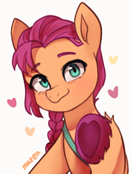 Size: 1308x1724 | Tagged: safe, artist:maren, character:sunny starscout, species:earth pony, species:pony, g5, bag, braid, colored eyebrows, colored hooves, cute, female, heart, hoof heart, hooves, looking at you, mare, markings, signature, simple background, solo, sunnybetes, underhoof, unshorn fetlocks, white background