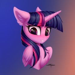 Size: 3000x3000 | Tagged: safe, artist:setharu, character:twilight sparkle, character:twilight sparkle (alicorn), species:alicorn, species:pony, g4, bust, chest fluff, cute, ear fluff, explicit source, eye reflection, eyebrows, eyebrows visible through hair, female, floppy ears, gradient background, grin, high res, looking down, mare, portrait, reflection, signature, simple background, smiling, solo, three quarter view, twiabetes, wings