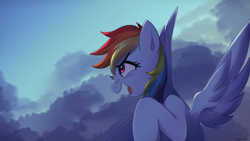 Size: 3200x1800 | Tagged: safe, artist:maren, character:rainbow dash, species:pegasus, species:pony, g4, cloud, eyebrows, eyebrows visible through hair, female, flying, mare, open mouth, profile, signature, sky, solo, spread wings, wings
